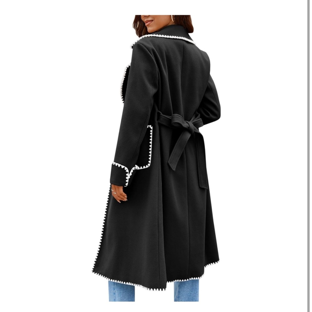 Long Peacoat Trench Coat Jacket White Embroidered Trim - Tie Belt and Pockets - Picture 3 of 10